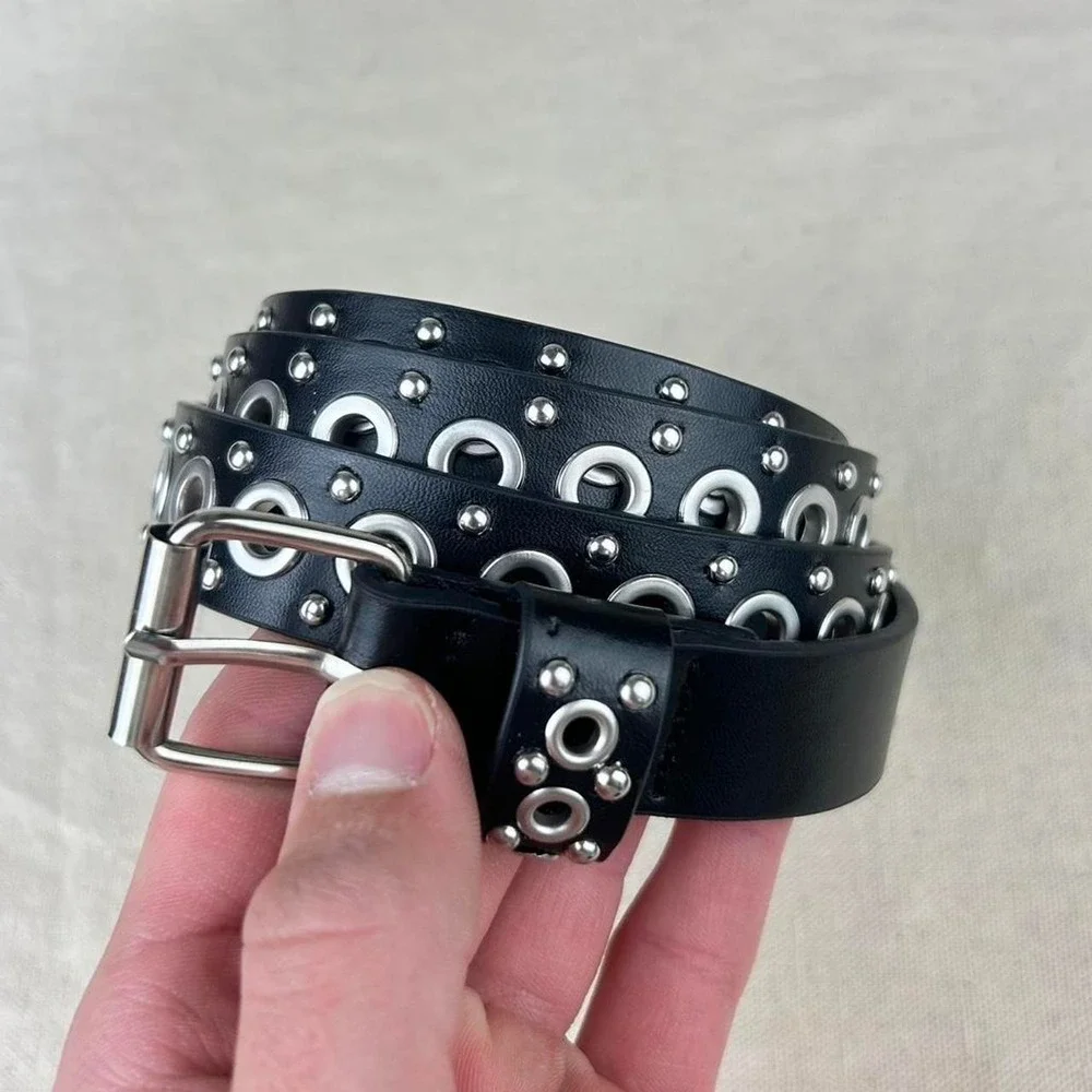 Vintage Y2K black and silver studded punk cyber grunge belt